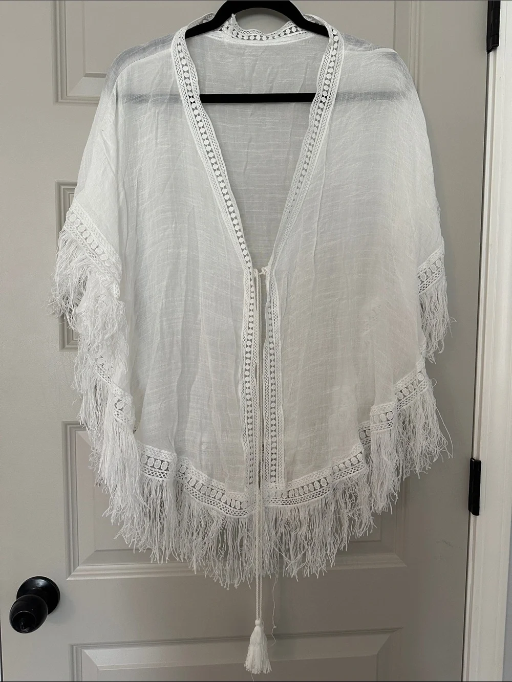 White Fringe Cotton Blend Poncho Kimono Cover Up NWT OS